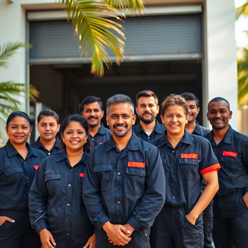 Equipe do Grupo de Porto em uniformes azul meia-noite em frente à oficina