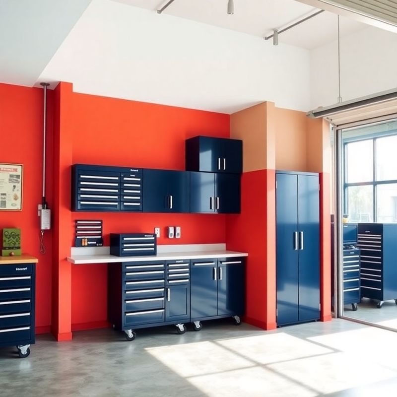 Interior da oficina do Grupo de Porto com paredes coral e armários azul meia-noite
