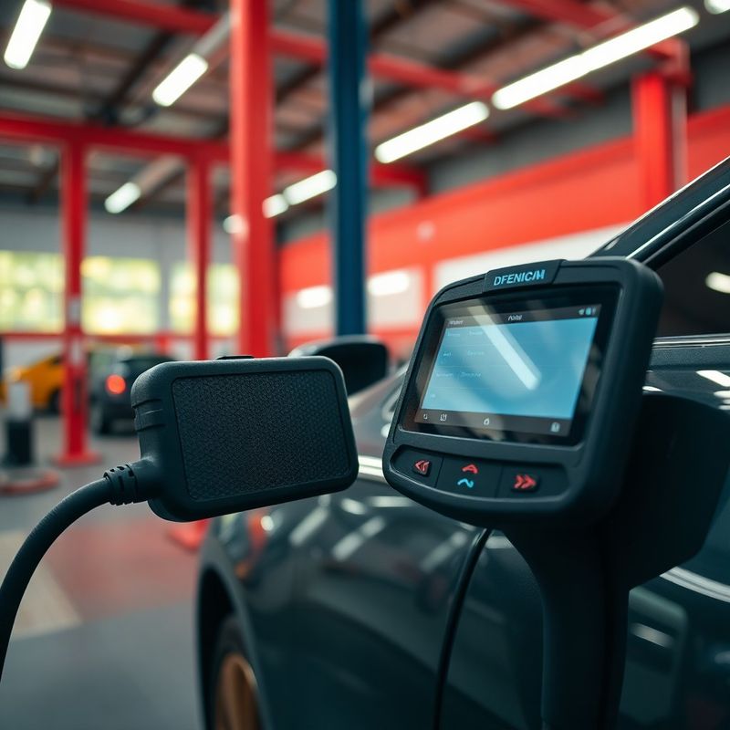 Scanner eletrônico conectado à porta OBD de um veículo na oficina